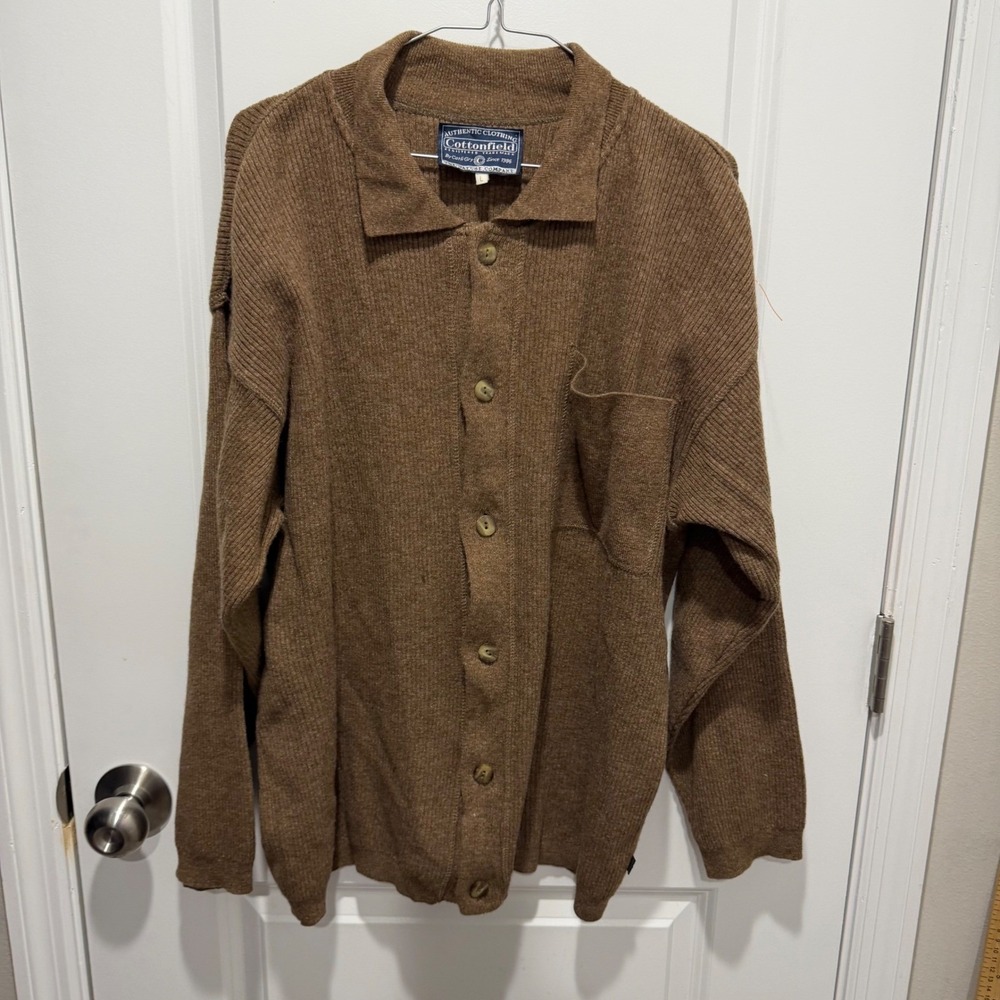 Cottonfield Mens Cardigan Lambswool Blend Ribbed Knit Brown Large
